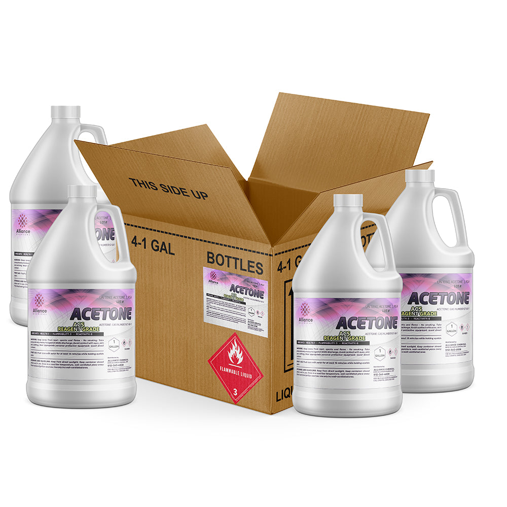4x1-gallon bottles of ACS reagent-grade acetone in HDPE containers with flammable liquid warning label, shown with shipping box and hazard diamond.